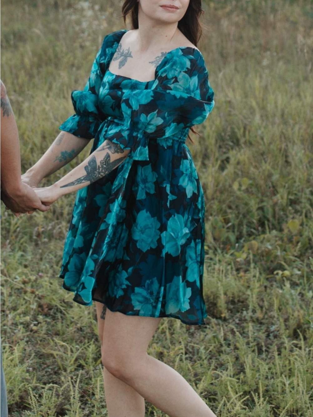 Floral Puff-Sleeve Square Neck Mini Dress in Teal